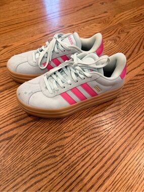 adidas Women's Mint Suede Platform Sneakers with Pink Stripes